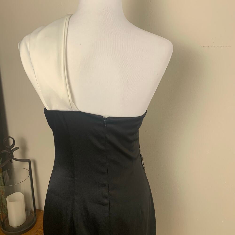 Jessica Howard One Shoulder Dress Sz 6 Black White Satin Beaded Cocktail Formal - Picture 7 of 10
